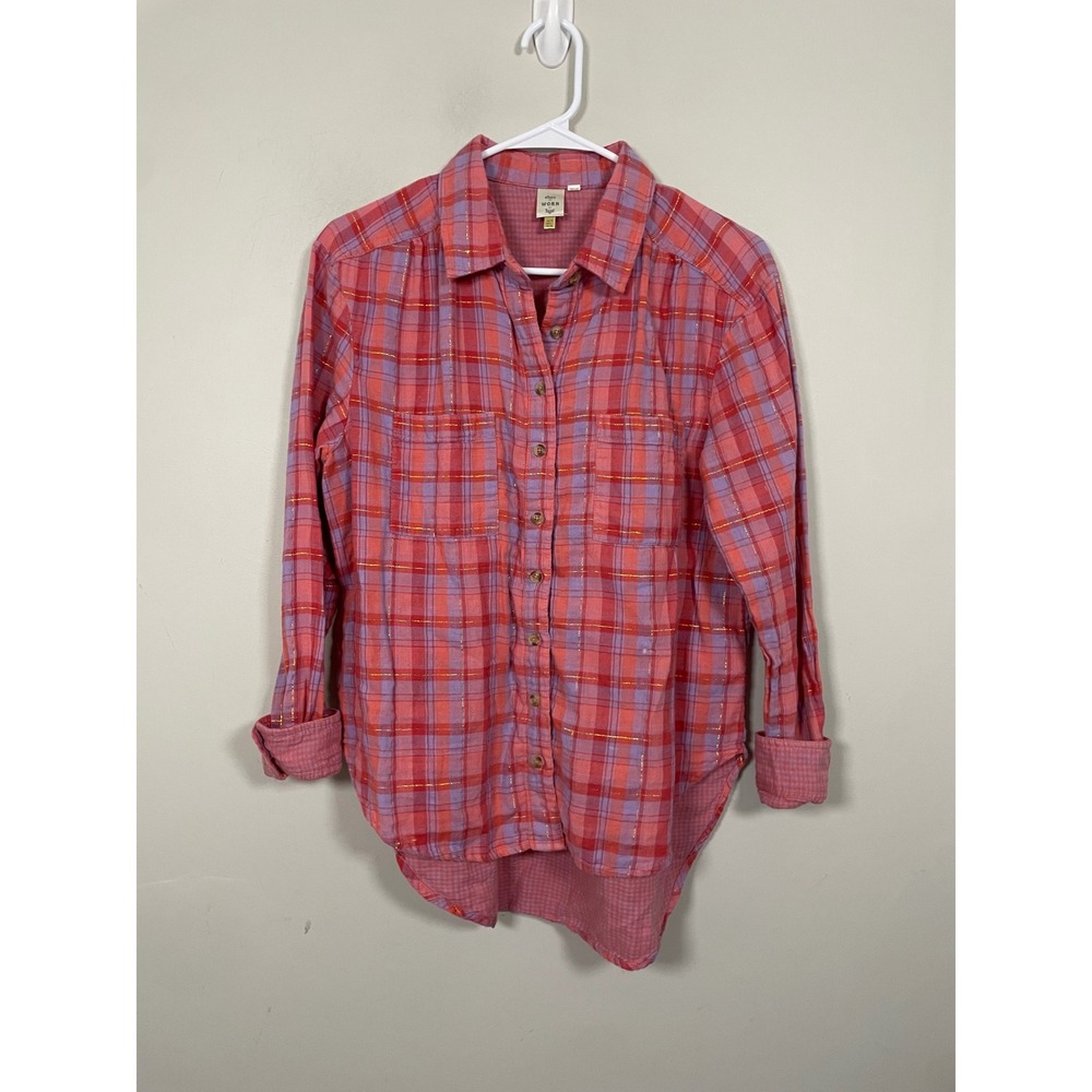 Anthropologie Seen Worn Kept Carl Plaid Button Down Shirt in Pink Size 6